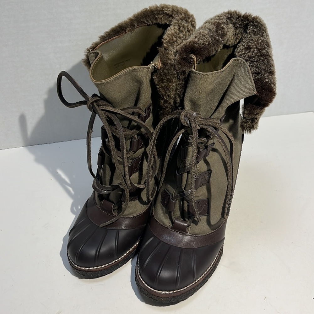 Tory Burch Wedge Brown/Washed Kahki/Charcoal Boots Sz 8 - Picture 3 of 13